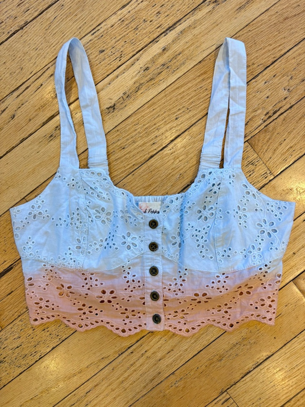 Black Poppy ombré Blue and Peach Eyelet Button-Front Cropped Tank